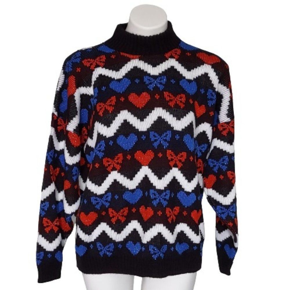 Vintage 80s Hearts Bows and Zig Zag Striped Sweater